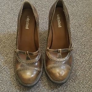 Copper colored block heeled shoes